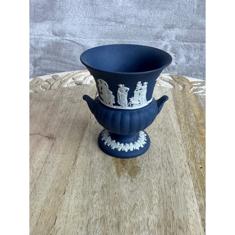 Wedgwood Cobalt Blue Jasperware Urn Vase Neoclassical Made in England 3.75 inch